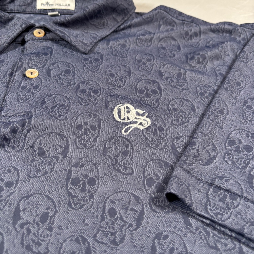 Peter Millar Polo Shirt Mens XL Navy Blue Skull All Over Print Performance - Picture 3 of 10